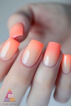 Coral ombre nails with a shimmery finish ✨ Square shape for a bold statement. Eye-catching summer look that's on-trend. Find out how to DIY at nailhow.com. Save this pin for inspo! #summernail2024trends #coralnails Ombre Coral Nails, Ombre Nails Coral, New Trend Nails 2024 Summer, Tropical Ombre Nails, Summer Ombre Nails 2024, Coral Ombre Nails Summer, Corral Nails, Coral Summer Nails, Beach Vacay Nails