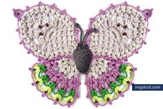 a crocheted butterfly is shown on a white background with purple, green and yellow accents