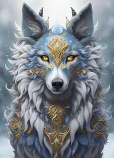 a wolf with yellow eyes and blue feathers on it's head, sitting in the snow