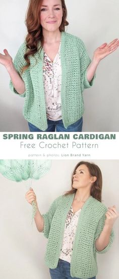 a woman wearing a green knitted cardigan with text that reads, spring raglan cardigan free crochet pattern