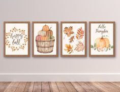 three fall wall art prints with pumpkins and leaves