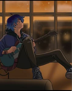 a person sitting on a couch with a guitar in front of a window at night