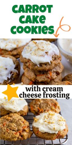 carrot cake cookies with cream cheese frosting are on a cooling rack and the words carrot cake cookies above it