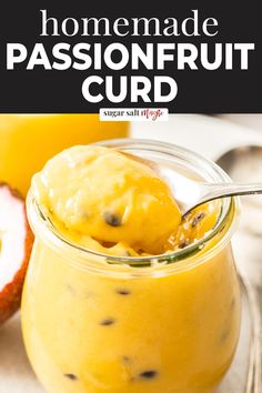 homemade passion fruit curd in a glass jar with a spoon