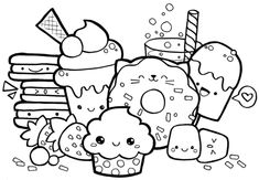 a coloring page with donuts and ice cream