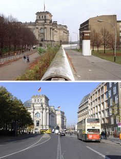 there are two pictures of the same street in different countries, one is empty and the other has no traffic