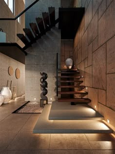 the stairs are lit up by lights in this modern home