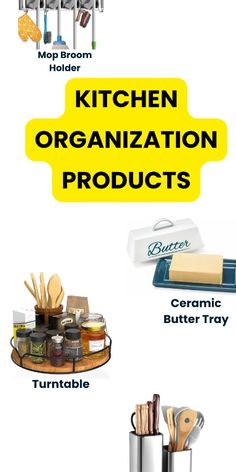 the kitchen organization products list is shown in yellow and black, including utensils