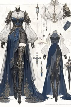 the concept art for an upcoming video game is shown in this image, including costumes and accessories