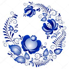 blue flowers and leaves on a white circle