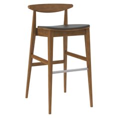 a wooden bar stool with a black leather seat and backrest on an isolated white background