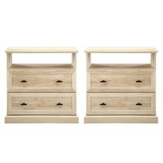 two white nightstands sitting next to each other on top of a wooden shelf with drawers