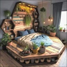 a bed made out of wooden pallets with plants on top and potted plants in the middle