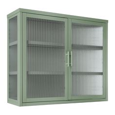 a green metal cabinet with glass doors