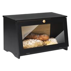 a black bread dispenser with two loaves in it's door