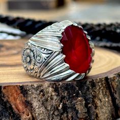 Natural Ruby Stone Ring , Man Handmade Red Stone Ring, Deep Red Ruby Engraved Silver Ring , Ottoman Style Ring , 925k Sterling Silver Ring ★Item Details * Gender : Male / Female * Material : 925K Sterling Silver * Total weight : 24 Grams * Gemstone : Ruby  Stone ✔ Ready to Ship in 1-2 Business Days .. ✔ Shipped to the Worldwide 1-5 business days with free shipping... ✔ The product will be sent to you with a handmade wooden box to avoid any damage during shipping... ✔ Visit our store, browse othe Heirloom Red Signet Ring With Polished Finish, Collectible Red Rings With Polished Finish, Collectible Red Engraved Ring, Collectible Red Ruby Ring With Polished Finish, Traditional Red Rings For Anniversary, Red Sterling Silver Ring Gift, Handmade Red Sterling Silver Rings, Unique Red Ruby Ring Collectible, Unique Red Ruby Ring For Collectors