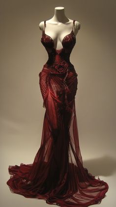 A realistic image of a red vulgar beautiful dress with an hourglass figure, tiny waist, and big hips, displayed on a headless mannequin. Clothing On Mannequins, Super Long Dress, Red Big Dress, Blood Red Prom Dress, Dress Ideas For Prom, Goth Red Dress, Ribcage Dress, Pretty Dresses Black, Big Red Dress