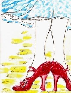 a drawing of a woman's legs and red high heeled shoes on the ground