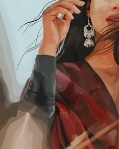 a painting of a woman in a red dress holding a cell phone to her ear