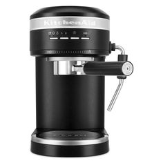 the kitchen aid espresso machine is black and stainless steel, with a built - in grinder