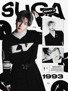 an advertisement for the album suga, featuring young man in black and white