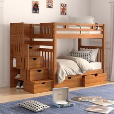 a wooden bunk bed with stairs and drawers on the bottom floor in a white room