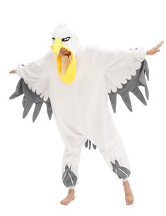 a man in a white bird costume is holding his arms out with one hand and the other