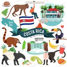 the costa rica sticker sheet is filled with different types of animals and tropical objects