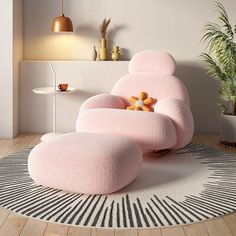 a pink chair and ottoman on a rug in a room with white walls, wooden flooring and potted plants