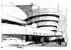 a black and white drawing of a building with lots of lines on the side of it