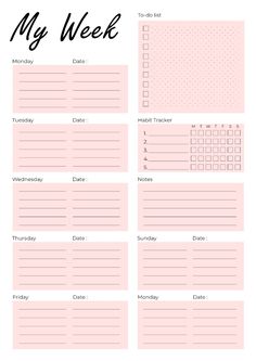 a printable planner with the words my week written on it in black and pink