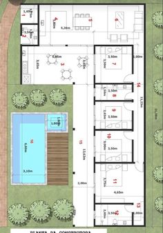 an aerial view of the ground plan for a house with swimming pool and hot tub