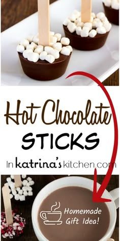 hot chocolate sticks with marshmallows in them and the words hot chocolate sticks