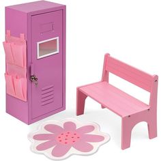 a pink toy bench next to a purple plastic locker and flower shaped floor mat on a white background