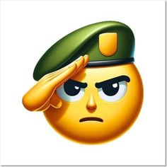 an emoticive smiley face wearing a green beret and holding his hand to his ear