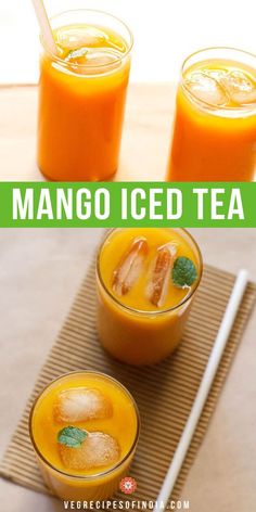 mango iced tea with orange juice and mint garnishes on the rims