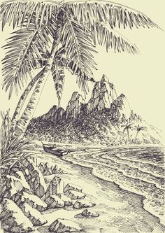 an ink drawing of a beach with palm trees