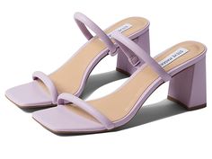 Steve Madden Lilah Sandal - Women's Shoes : Lilac : Be on-trend with the Steve Madden Lilah Sandal. Slip-on styling with straps at the toes and vamp of the foot. Square, open-toe design. Synthetic upper. Lining, insole, and outsole made of leather material. Flared, block heel. Made in Brazil. Measurements: Heel Height: 2 3 4 in Weight: 8 oz Product measurements were taken using size 8, width M. Please note that measurements may vary by size. Weight of footwear is based on a single item, not a pa Trendy Sandals With Adjustable Heel Strap, Trendy Adjustable Sandals With Heel Strap, Synthetic Single Toe Strap Heels With Stacked Heel, Spring Sandals With Adjustable Padded Heel, Spring Sandals With Padded Heel And Adjustable Fit, Spring Adjustable Slingback Sandals With Heel Loop, Spring Adjustable Sandals With Padded Heel, Adjustable Sandals With Padded Heel For Spring, Adjustable Open Toe Heels With Padded Heel