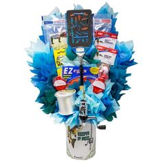 a beer keg filled with sports items, including an ice bucket and water bottle