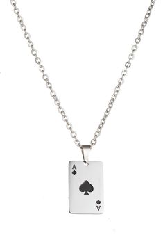 An ace of spade pendant necklace is all in good fun. Silver plated ace of spade pendant rolo chain. Lobster clasp. Imported Spade Keychain, Cloth Store, Store Jewelry, Ace Of Spades, Household Chores, Spade Jewelry, Accessories Jewelry Necklace, Rolo Chain, Magnetic Clasp