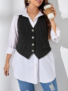 Black Casual Collar Sleeveless Fabric Striped Vest Embellished Non-Stretch  Women Plus Clothing Gilet Outfit, Plus Size Vest, Plus Size Blazers, Outfits Gorditas, Blazer Plus Size, Striped Vest, Sleeveless Blazer, Plus Size Blazer