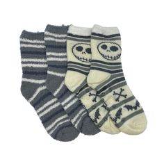 Two pairs of socks inspired by the Nightmare before Christmas.

One is a grey sock with black and white stripes.

The other is a white sock featuring black stripes, a motif of Jack Skellington above the ankle, and bats and bones on the lower part. Nightmare Before Christmas 2, Gift For Bridesmaids, Spring Breakers, Fluffy Socks, Fuzzy Socks, Cozy Socks, Cozy Gift, The Nightmare Before Christmas, Birthday Wishlist