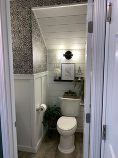 a white toilet sitting inside of a bathroom next to a plant on top of a wooden floor