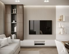 a modern living room with white furniture and wood paneling