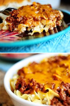 two pictures of lasagna casserole with ground beef and cheese