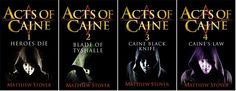 four books with different covers on them in the same color and font, each featuring an image of a hooded person