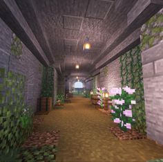 an image of a minecraft hallway with plants and flowers on the walls in it