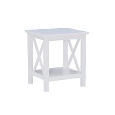 a white side table with an x design on the top and one shelf below it