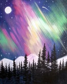 an acrylic painting of the night sky with stars and aurora bores above trees