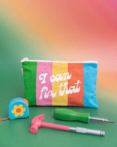 tool kit with a screwdriver, hammer, tape measure and little screwdriver with colorful 'i can fix that' pouch Mini Driver, Handy Woman, Rainbow Canvas, Claw Hammer, Multipurpose Tools, Metal Tools, Bag Clips, Gift Finder, Tool Bag